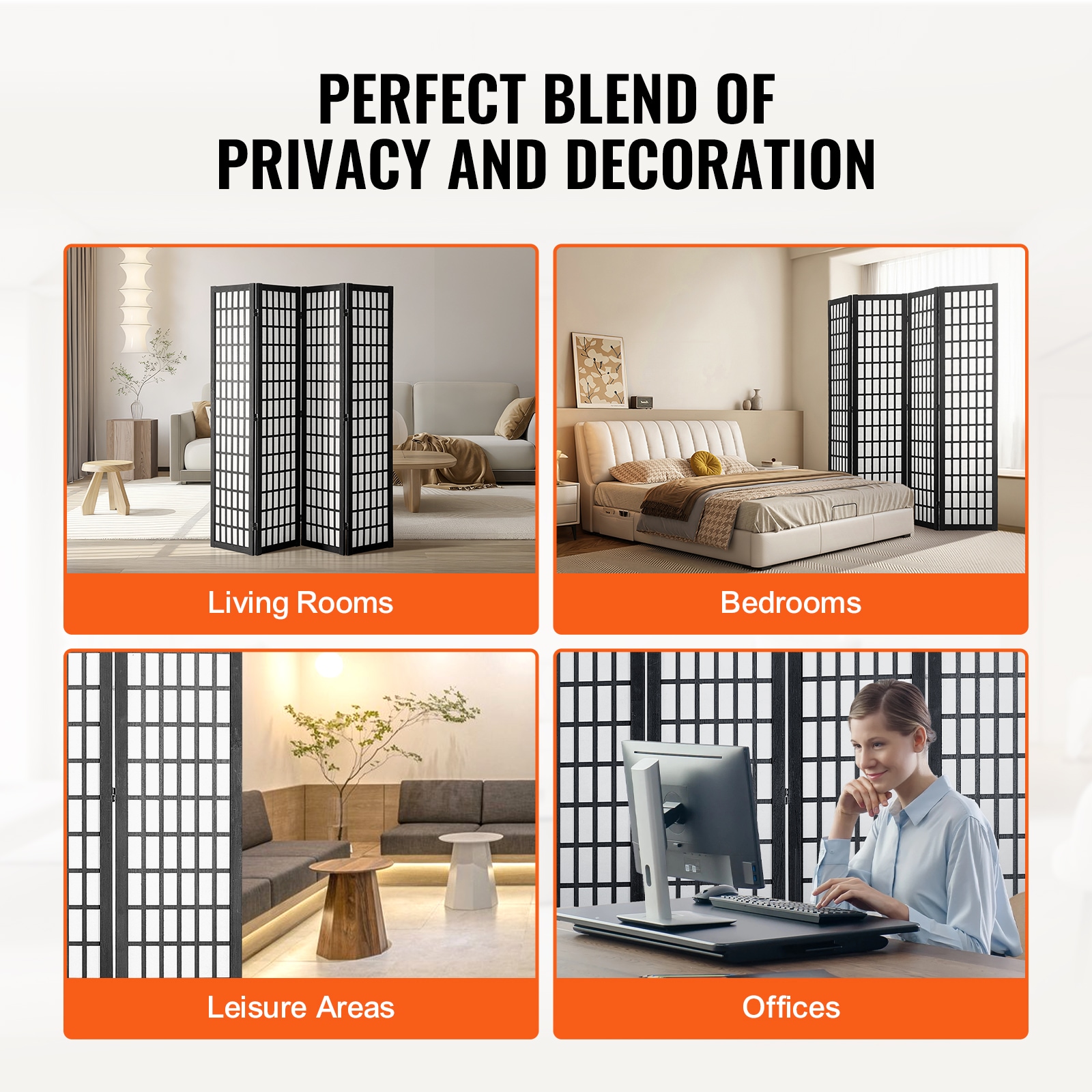4 Panel Japanese Room Divider Wood Folding Privacy Screen Indoor_voghion.com